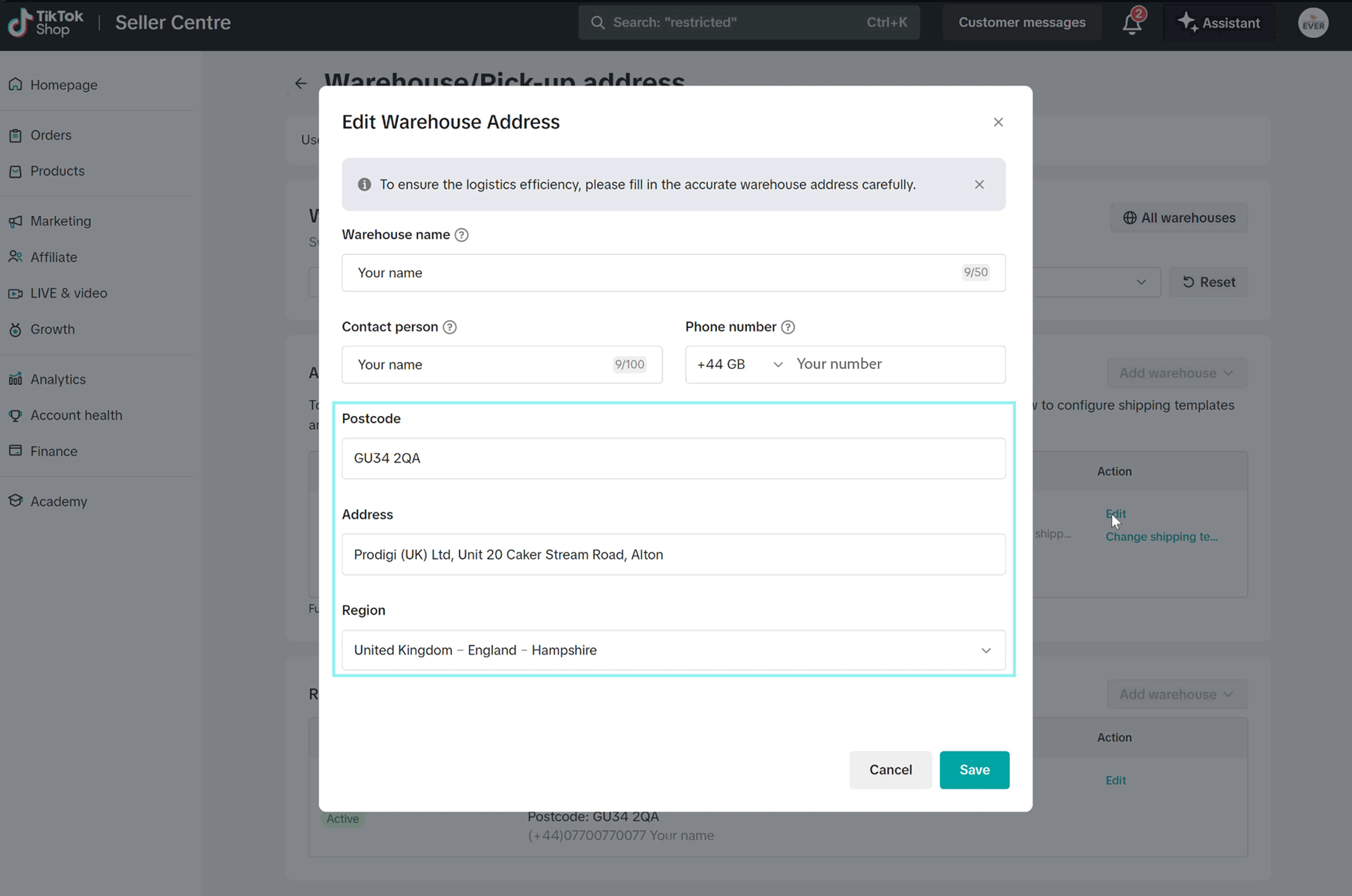 Prodigi Vertriebskanäle mit aktivem Kanal