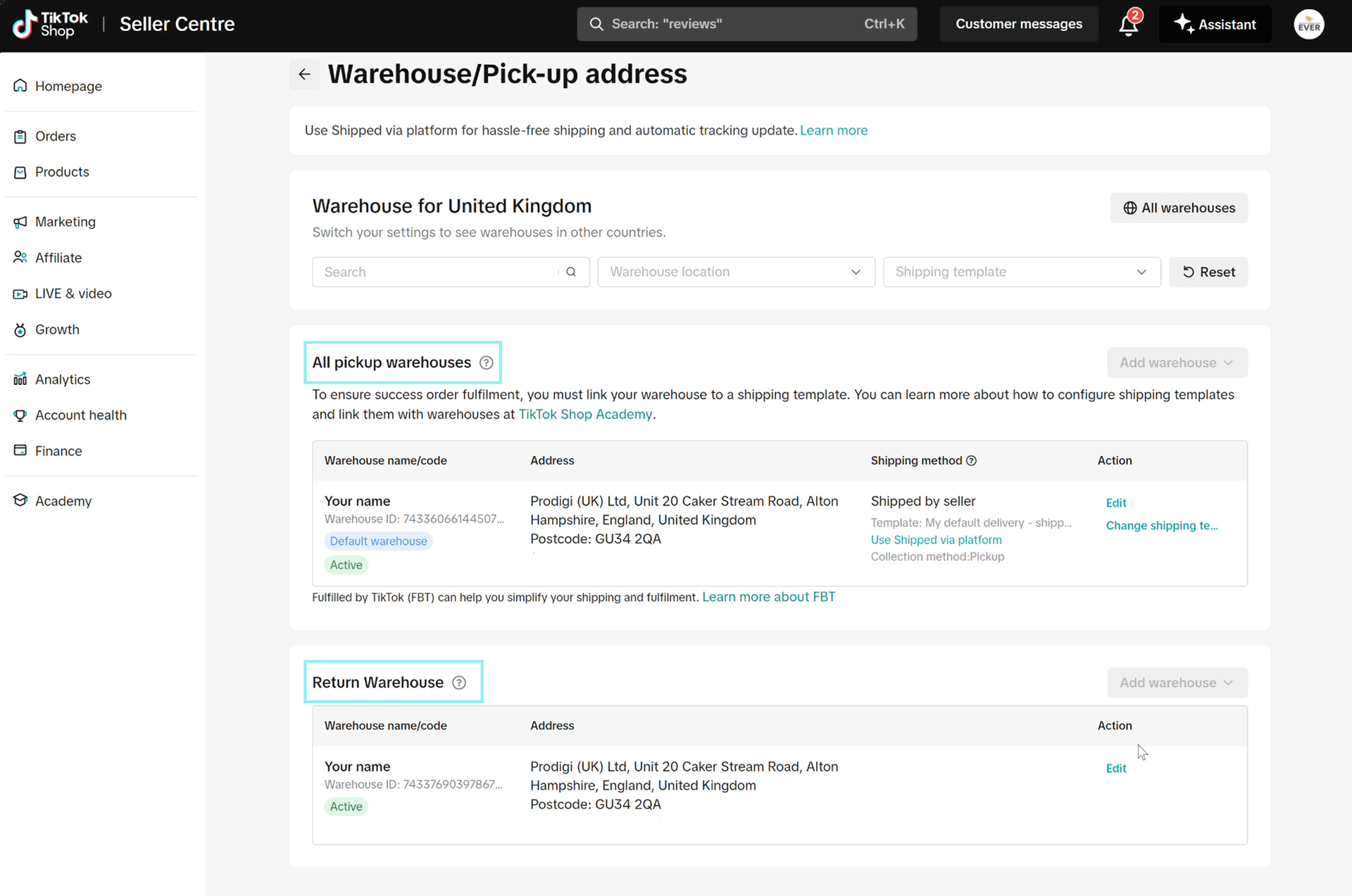 Prodigi Vertriebskanäle mit aktivem Kanal